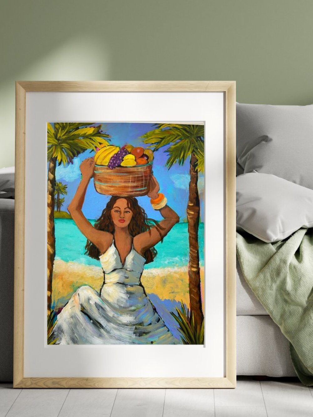 Tropical Island Girl with Fruit: Vibrant Acrylic Painting Featuring Palm Trees